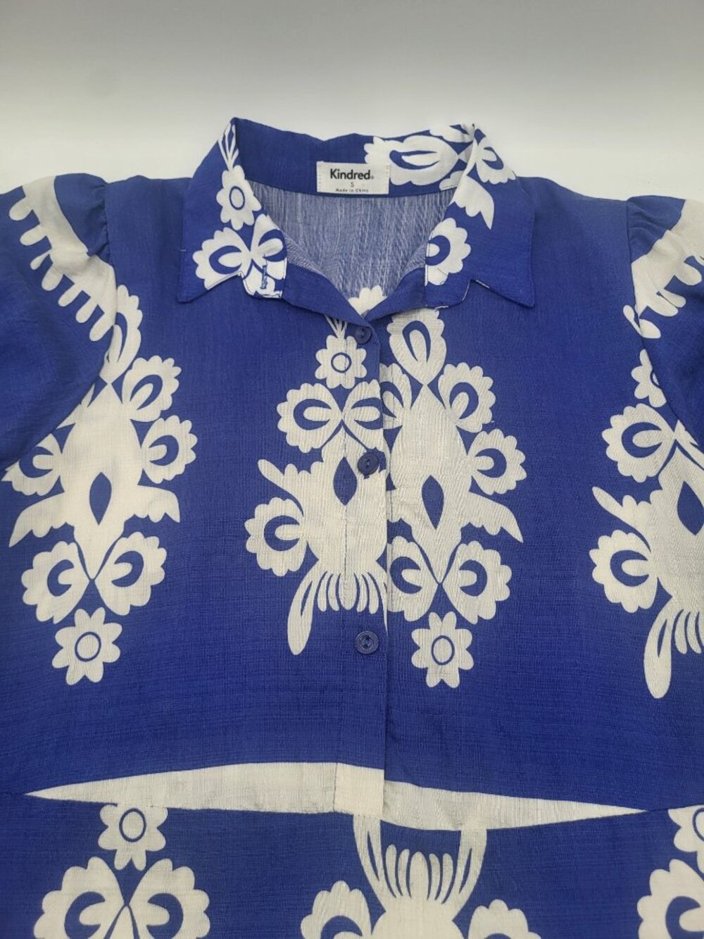 Kindred Womens Small Blue White Midi Dress Boho Abstract Print Ruffle Hem - Picture 3 of 7